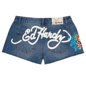 NWT Ed Hardy Flame Skull Blue Denim Women's Shorts